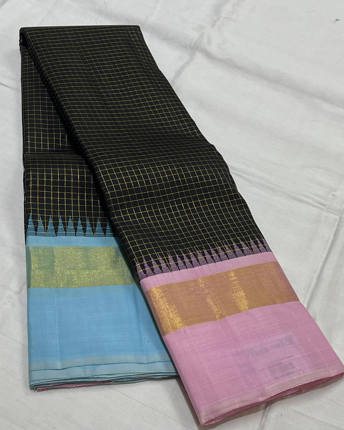 BLACK/PINK/SKY BLUE TEMPLE BOARDER SAREE