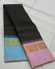 BLACK/PINK/SKY BLUE  BORDER COMBITION PURE KANCHI SILK SAREE