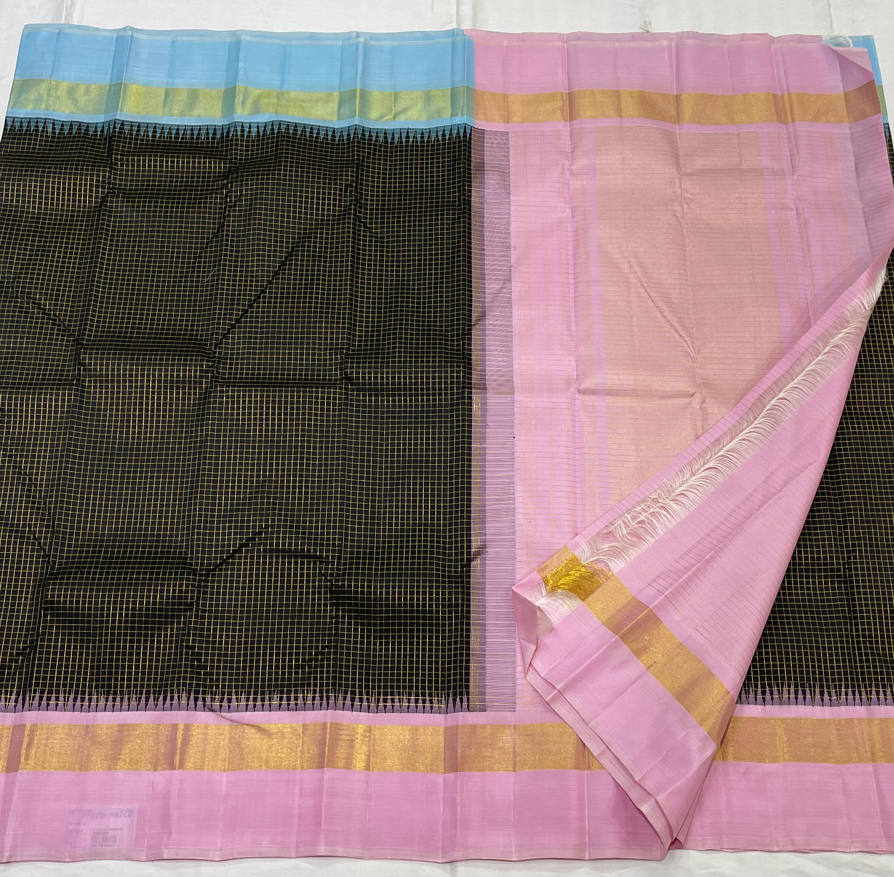 BLACK/PINK/SKY BLUE  BORDER COMBITION PURE KANCHI SILK SAREE