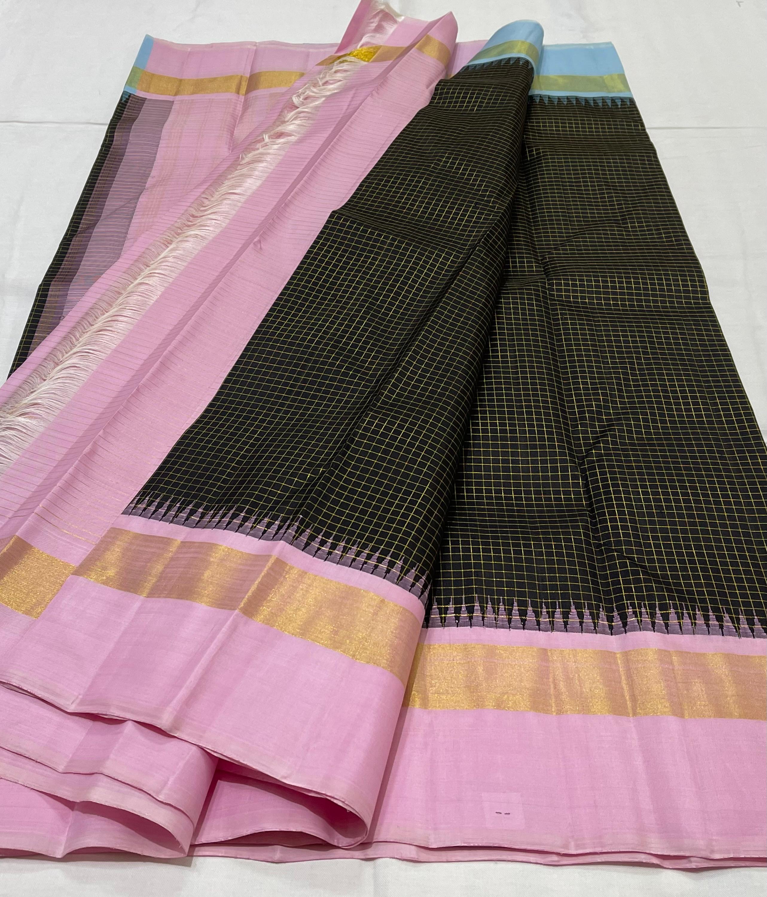 BLACK/PINK/SKY BLUE TEMPLE BOARDER SAREE