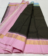 BLACK/PINK/SKY BLUE  BORDER COMBITION PURE KANCHI SILK SAREE