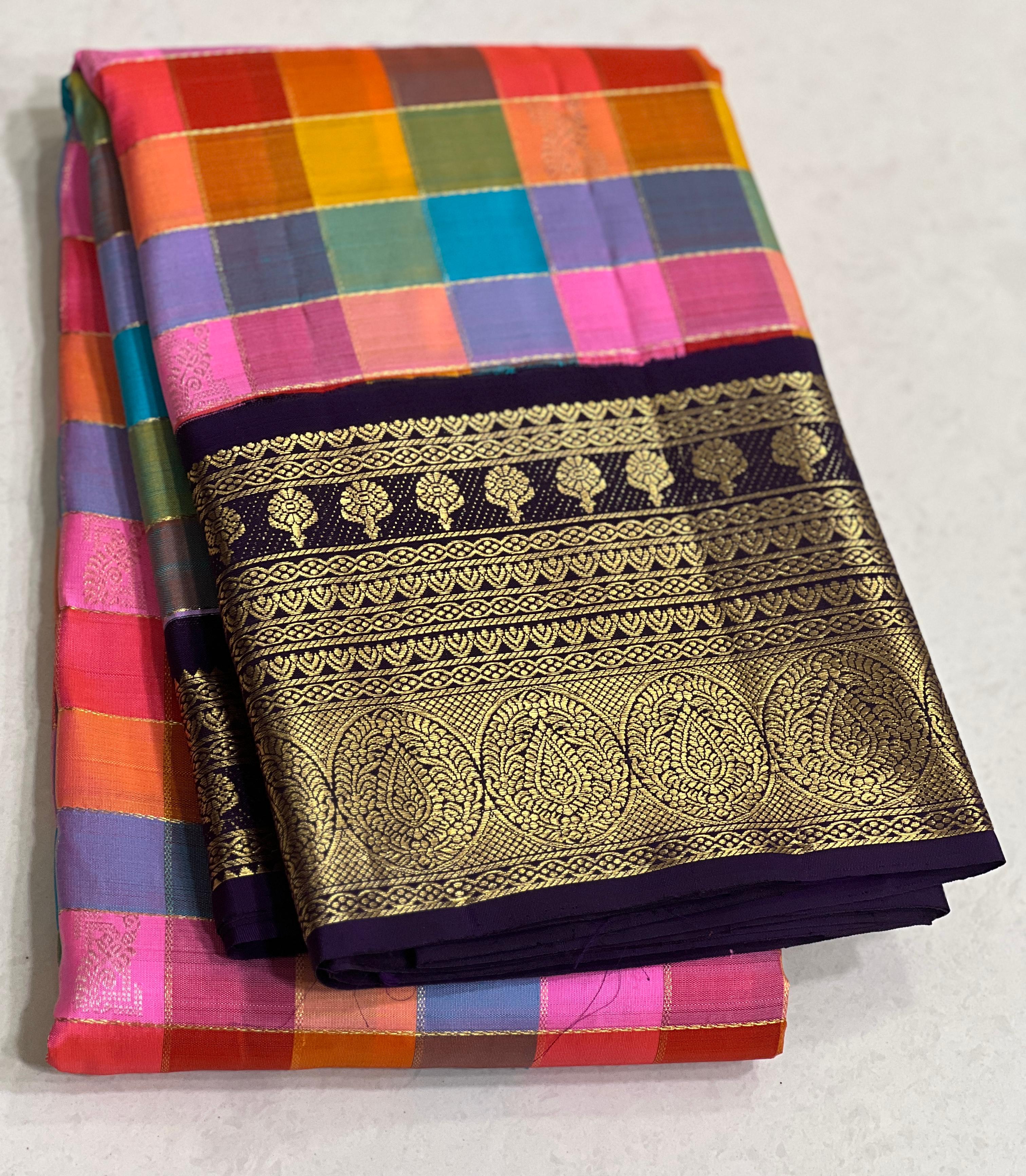 MUTLI COLOUR/VOILET COLOUR  ZARI BORDER COMBITION PURE KANCHI SILK SAREE