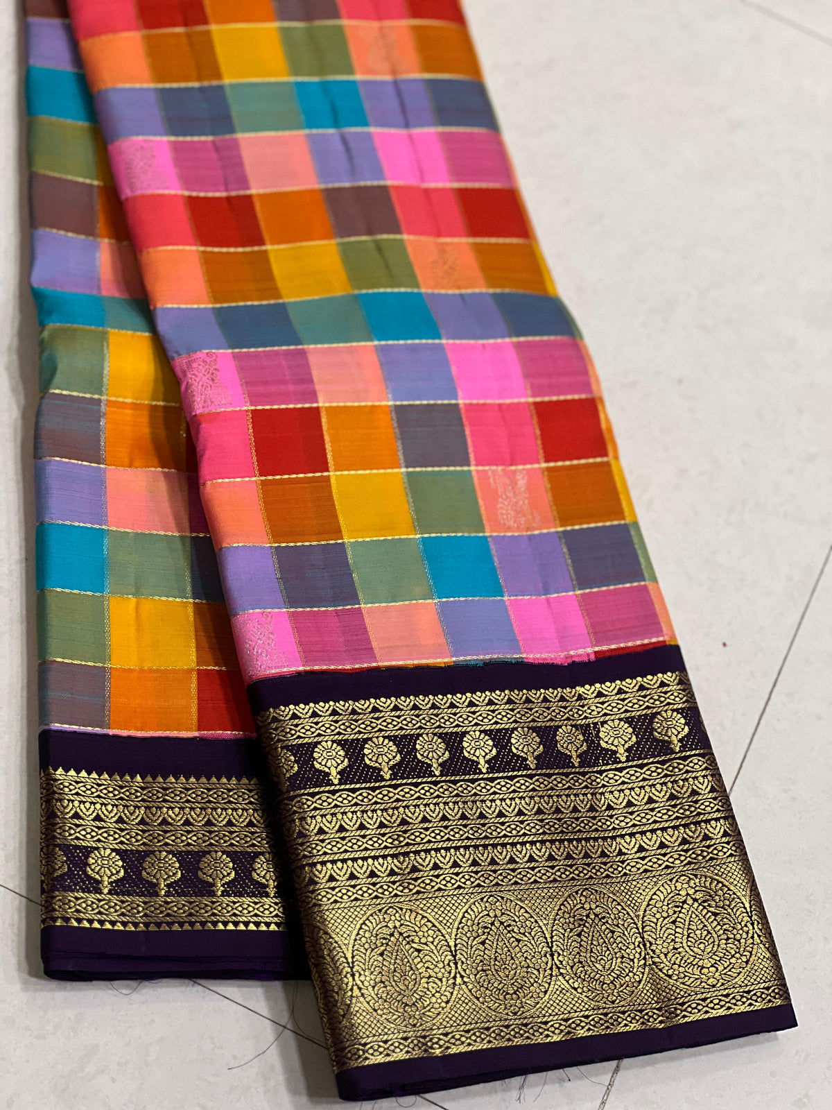 MUTLI COLOUR/VOILET COLOUR  ZARI BORDER COMBITION PURE KANCHI SILK SAREE