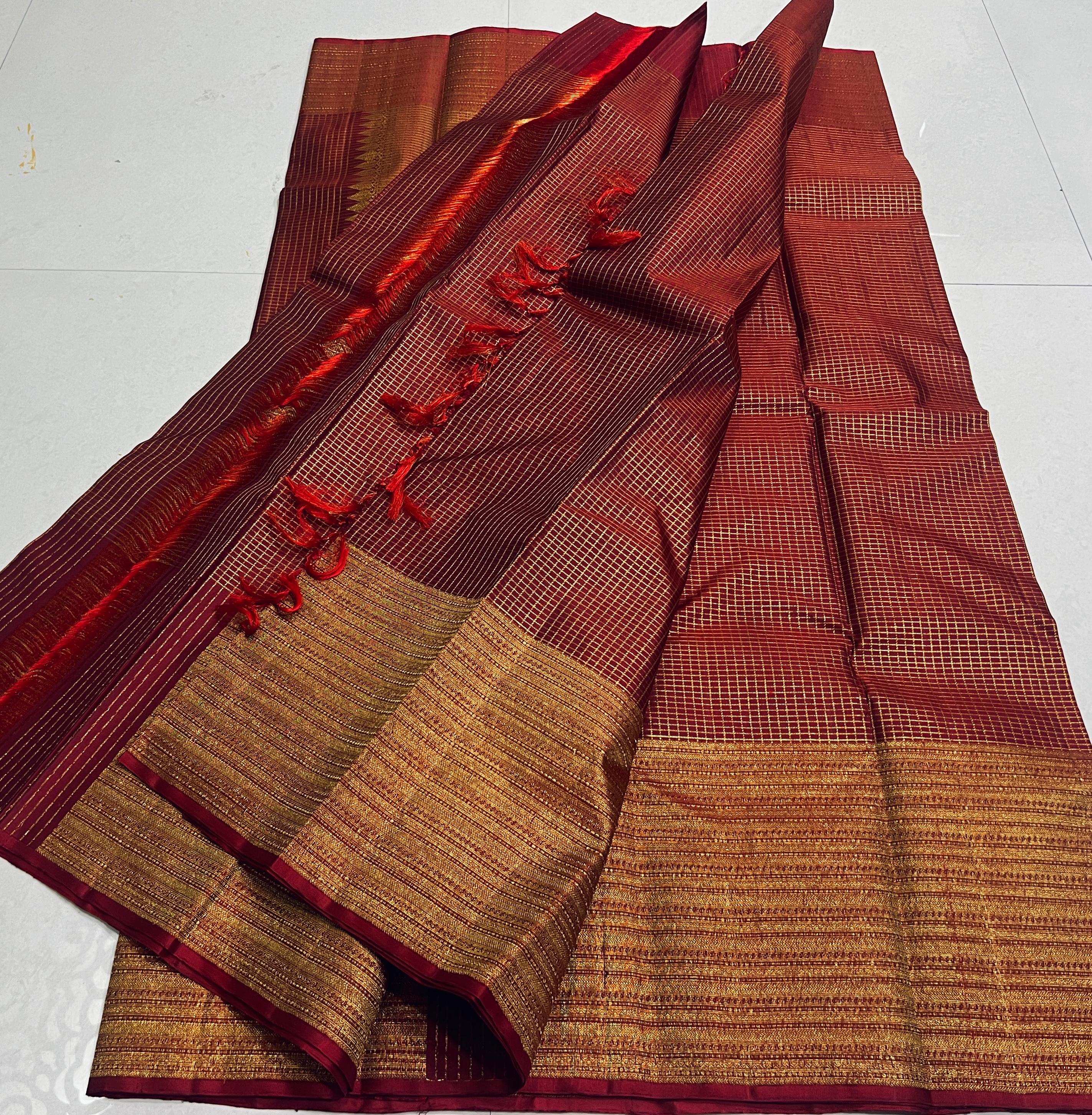 MAROON/GOLD BORDER COMBITION PURE KANCHI SILK SAREE