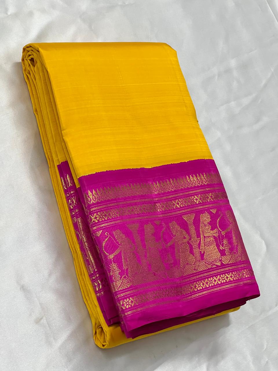 YELLOW/PINK BORDER COMBITION PURE KANCHI SILK SAREE