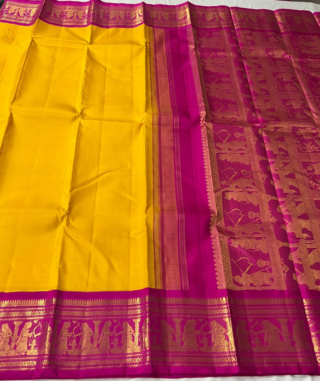 YELLOW/PINK BORDER COMBITION PURE KANCHI SILK SAREE