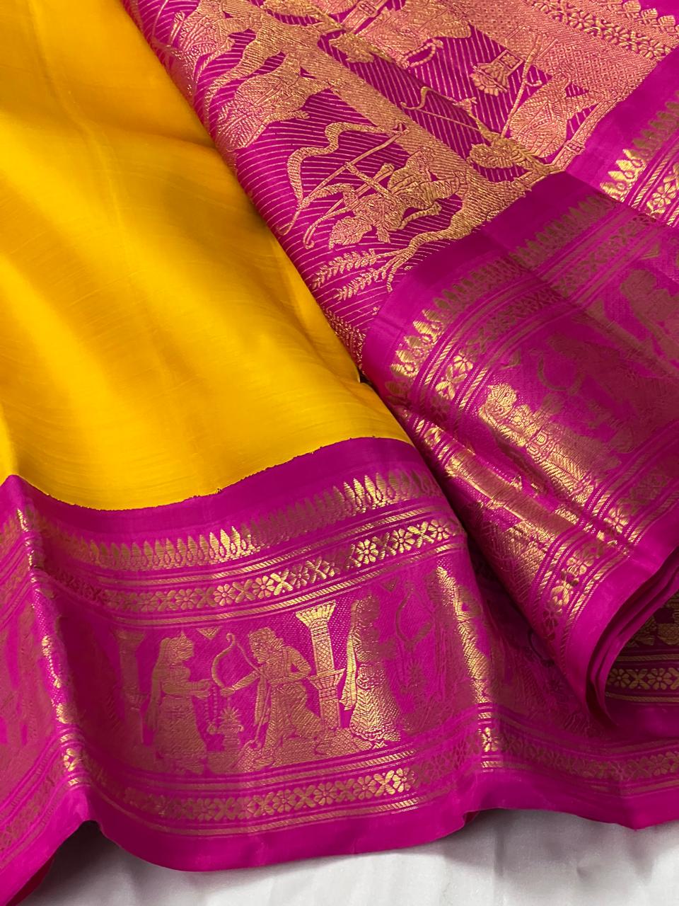 YELLOW/PINK BORDER COMBITION PURE KANCHI SILK SAREE