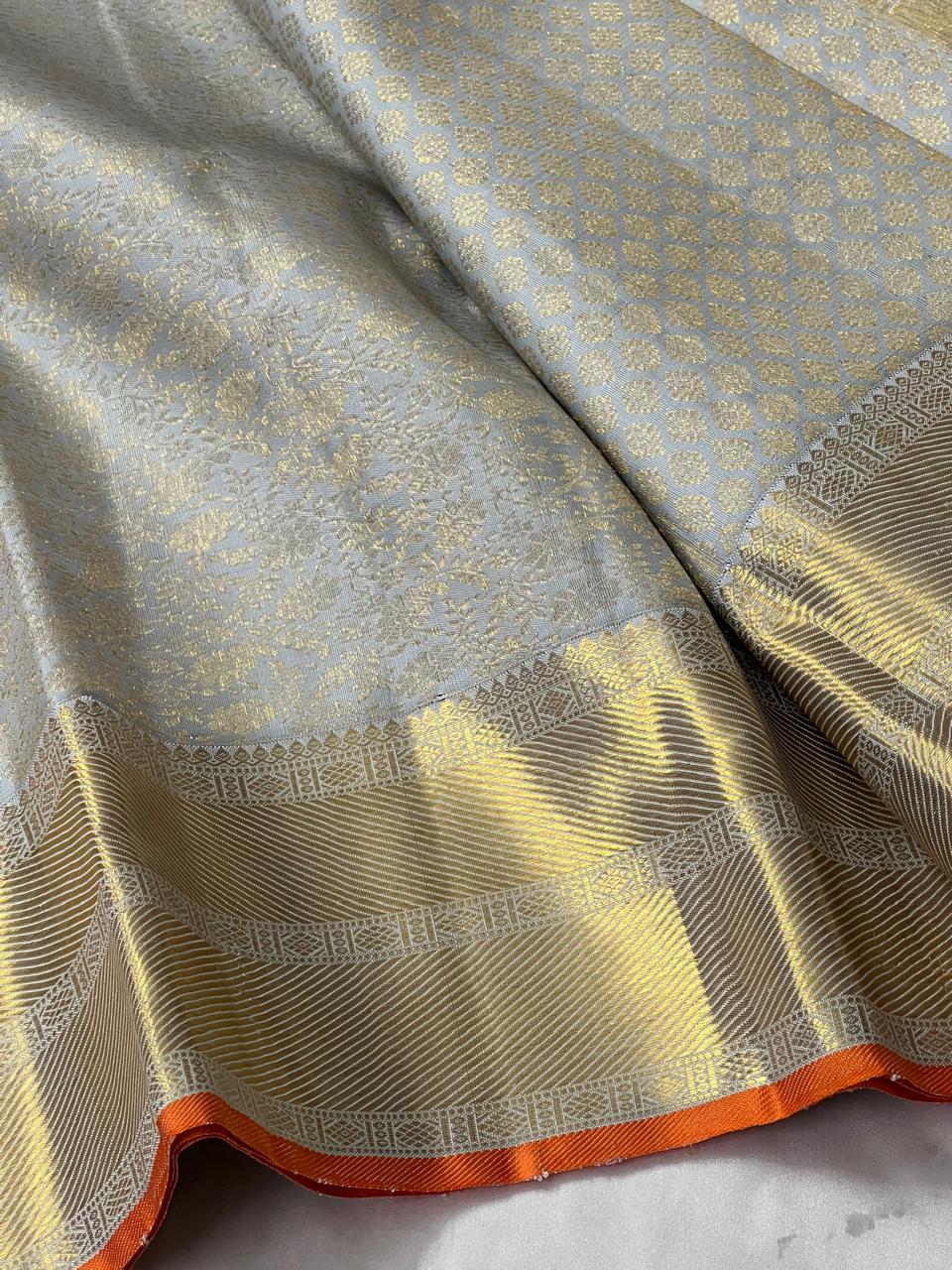 GREY/ORANGE  BORDER COMBITION PURE KANCHI SILK SAREE