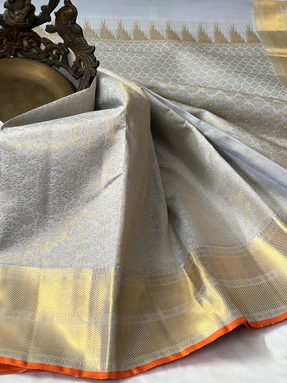 GREY/ORANGE  BORDER COMBITION PURE KANCHI SILK SAREE