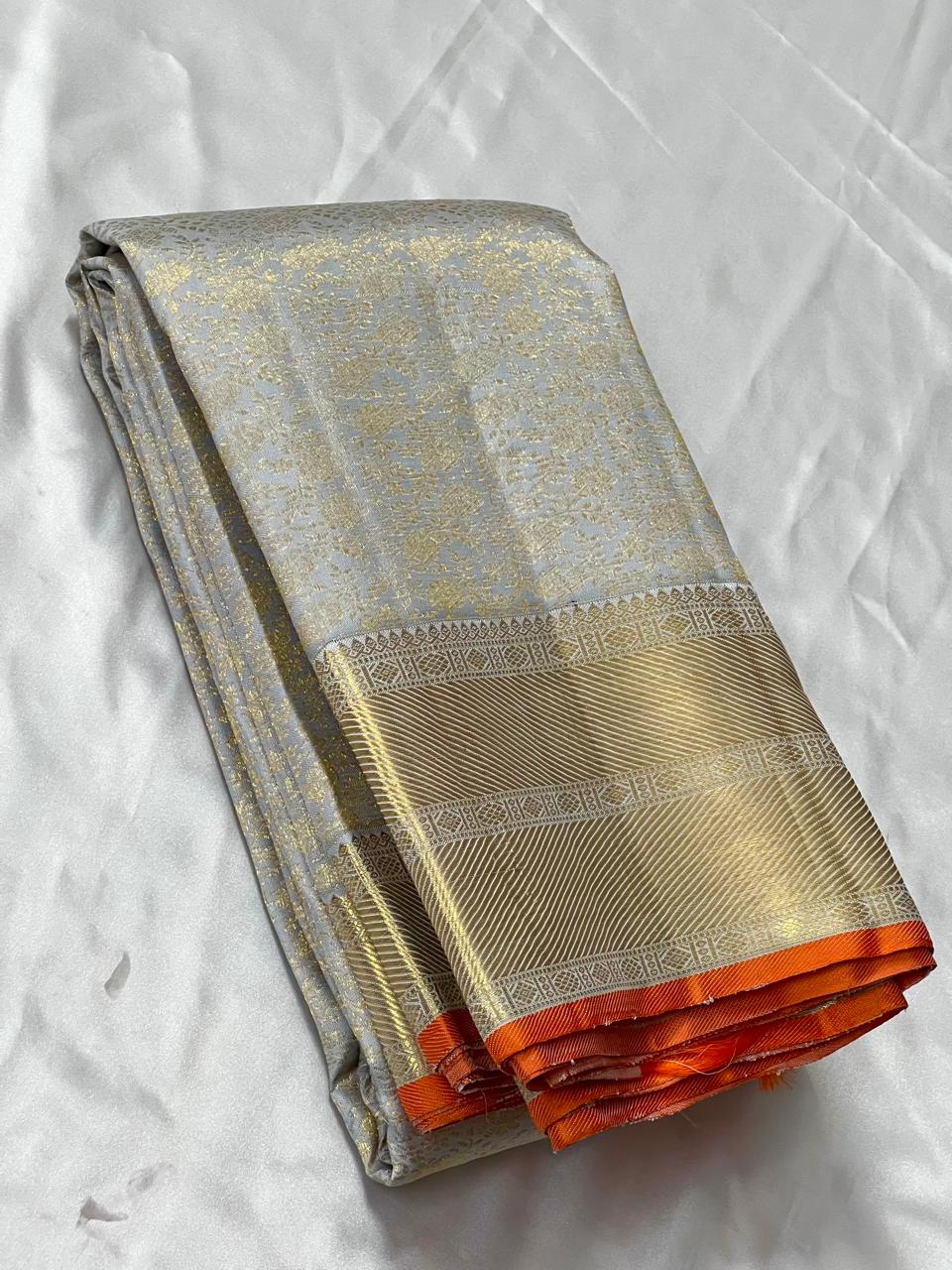 GREY/ORANGE  BORDER COMBITION PURE KANCHI SILK SAREE