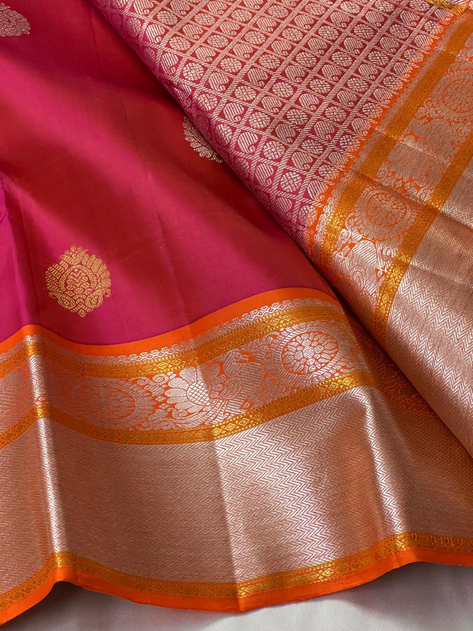 PINK/ORANGE BORDER COMBITION PURE KANCHI SILK SAREE