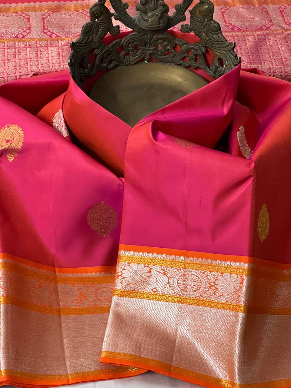 PINK/ORANGE BORDER COMBITION PURE KANCHI SILK SAREE