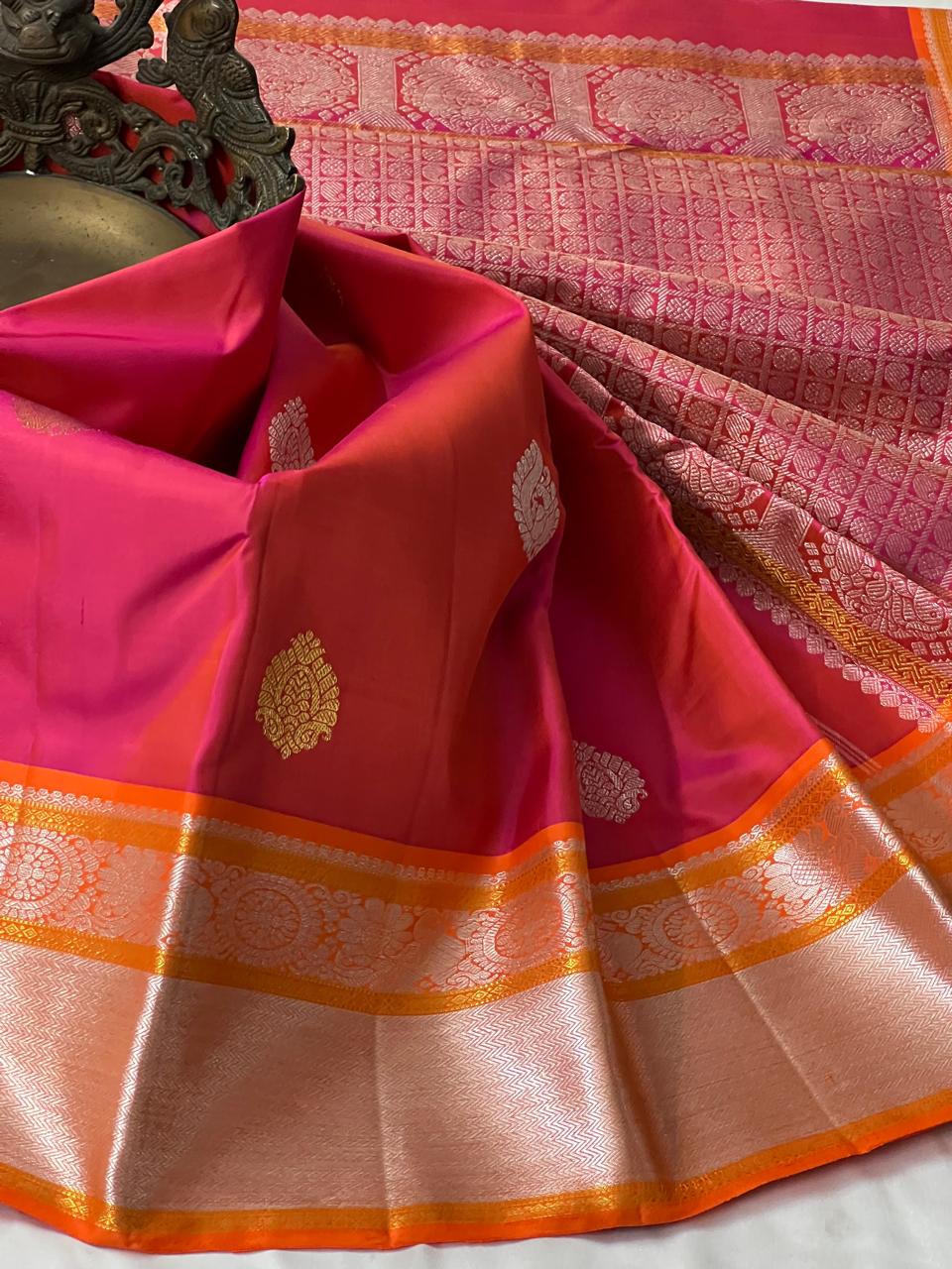 PINK/ORANGE BORDER COMBITION PURE KANCHI SILK SAREE