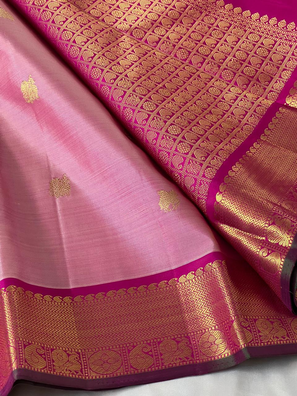 BABY PINK/PINK BORDER COMBITION PURE KANCHI SILK SAREE