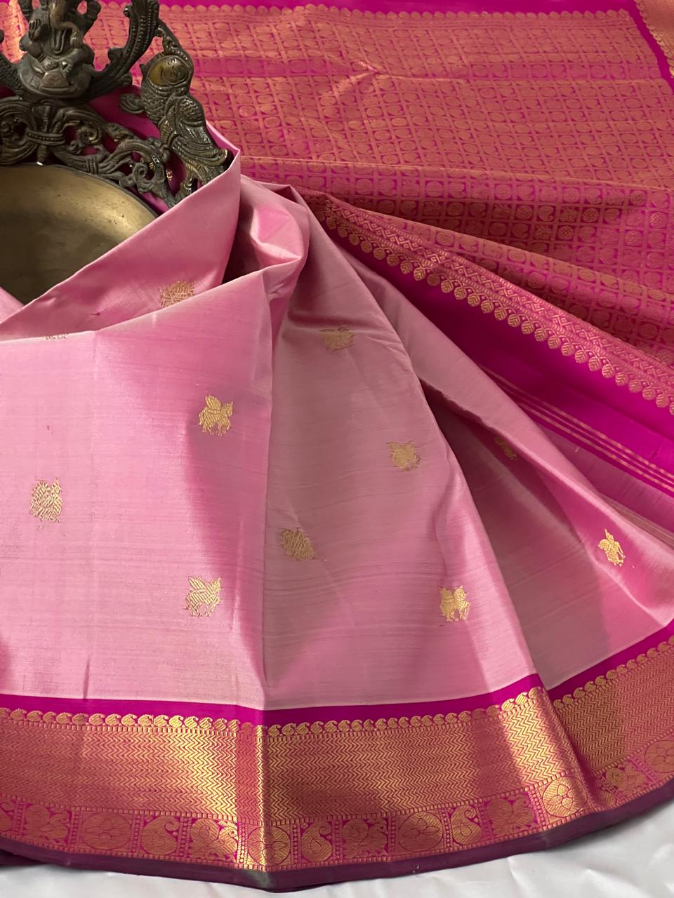 BABY PINK/PINK BORDER COMBITION PURE KANCHI SILK SAREE