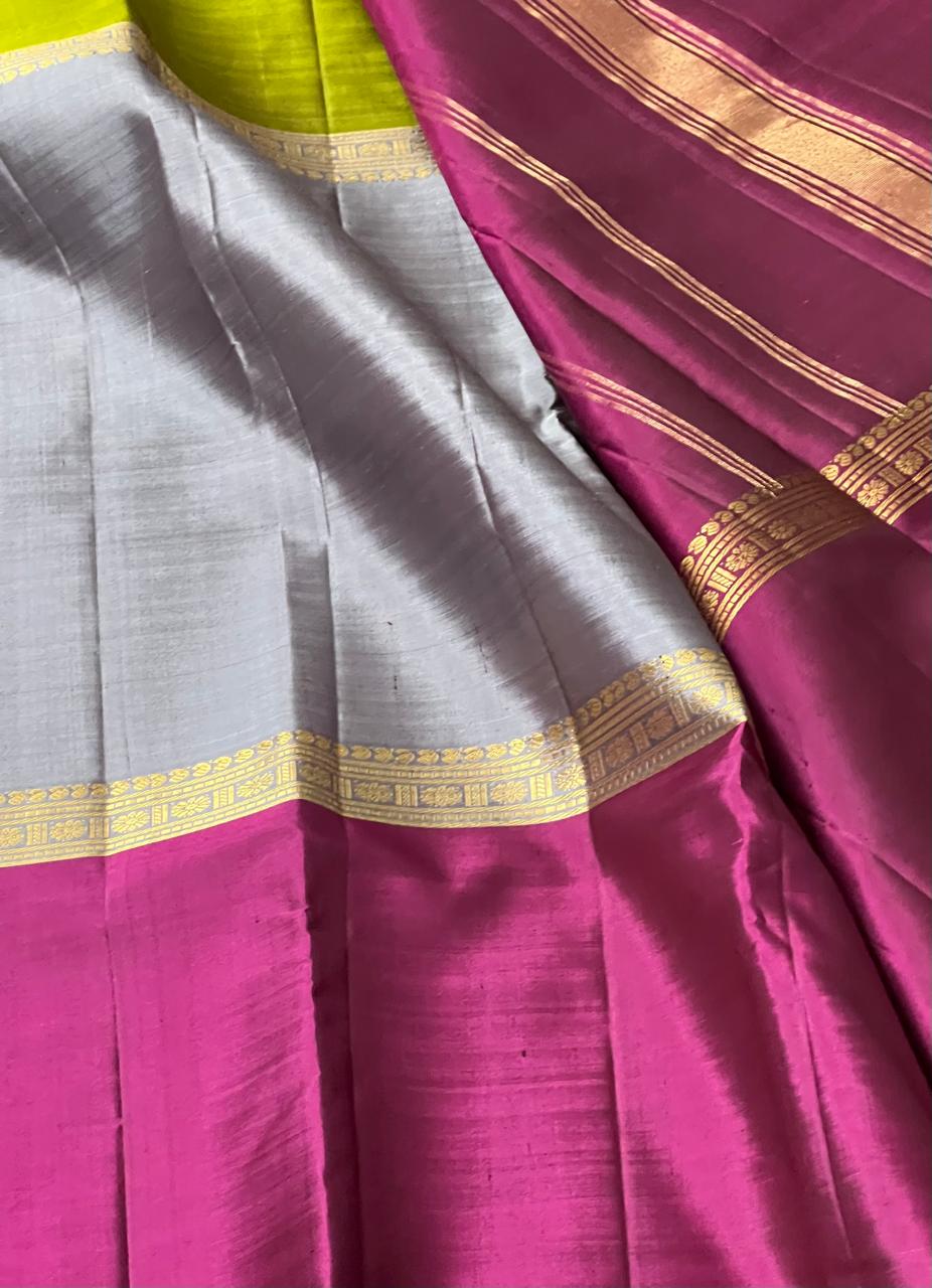 GREY/MAGENTA PINK/GREEN  COLOUR  ZARI BORDER COMBITION PURE KANCHI SILK SAREE