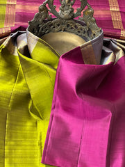 GREY/MAGENTA PINK/GREEN  COLOUR  ZARI BORDER COMBITION PURE KANCHI SILK SAREE