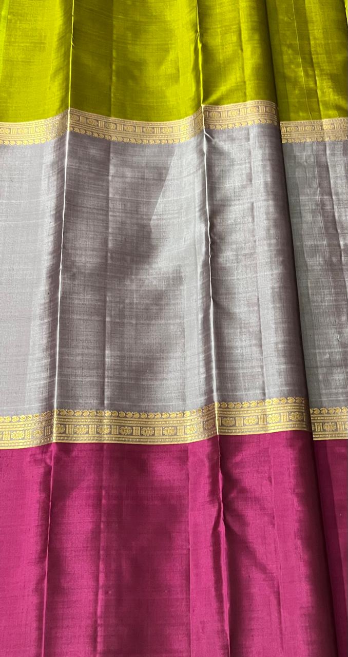 GREY/MAGENTA PINK/GREEN  COLOUR  ZARI BORDER COMBITION PURE KANCHI SILK SAREE