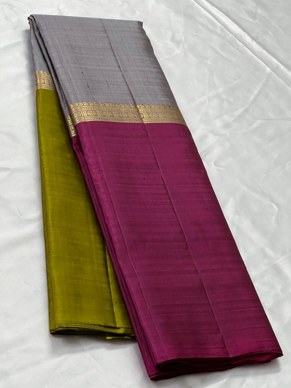 GREY/MAGENTA PINK/GREEN  COLOUR  ZARI BORDER COMBITION PURE KANCHI SILK SAREE