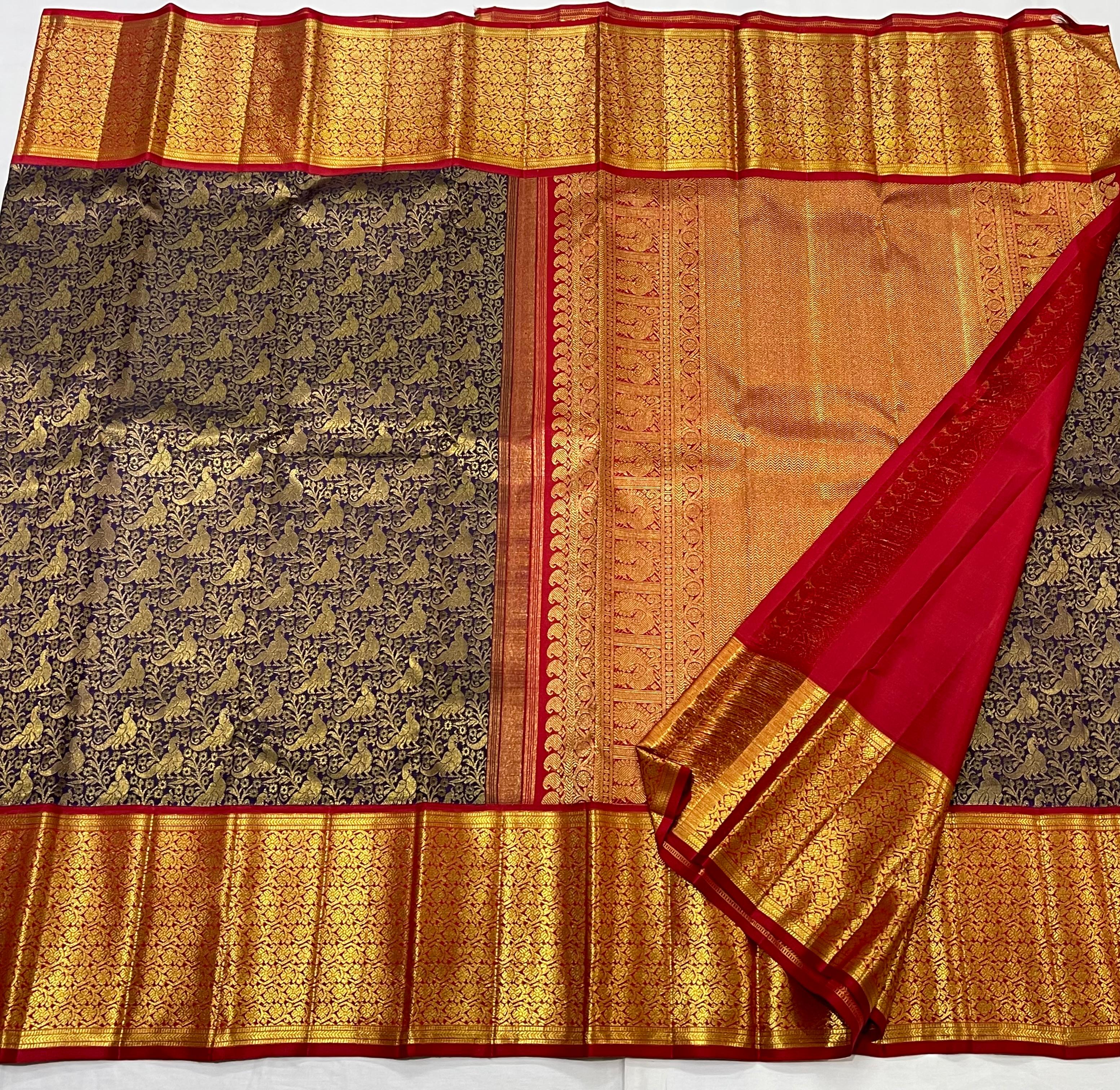 NAVY BLUE/RED BORDER COMBITION PURE KANCHI SILK SAREE