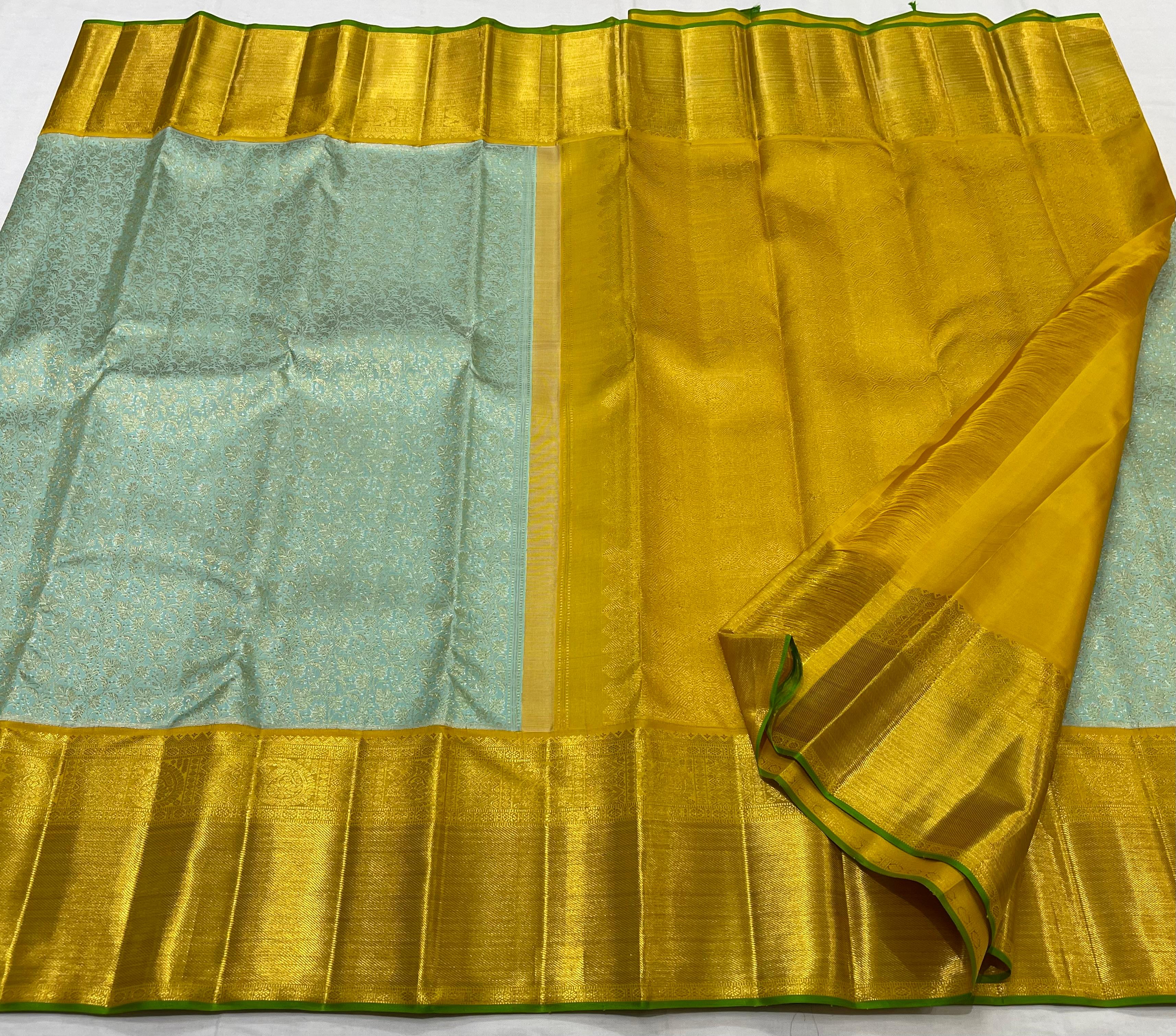 SEA GREEN/MUSTARD YELLOW  BORDER COMBITION PURE KANCHI SILK SAREE