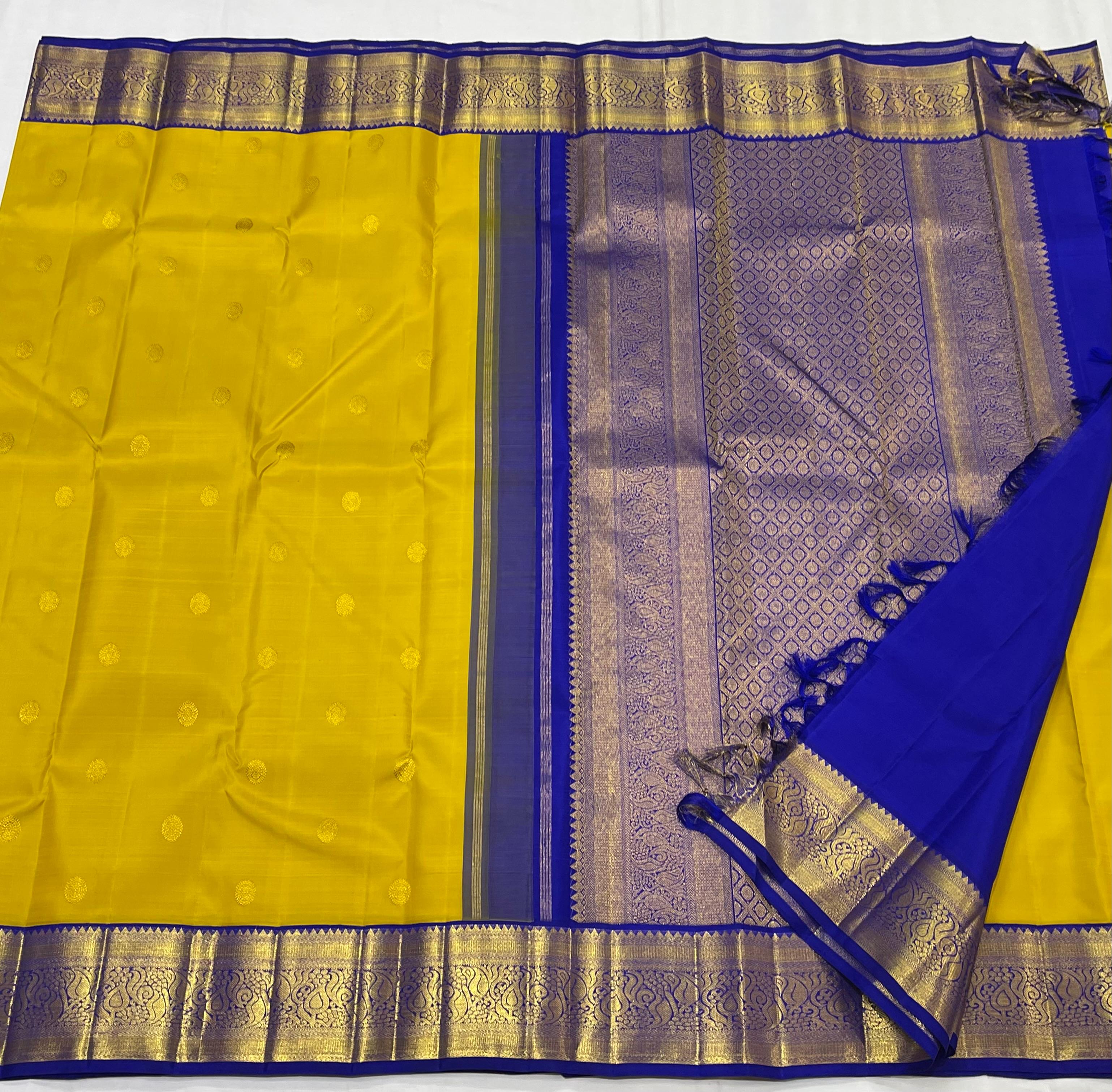 YELLOW/BLUE  BORDER COMBITION PURE KANCHI SILK SAREE