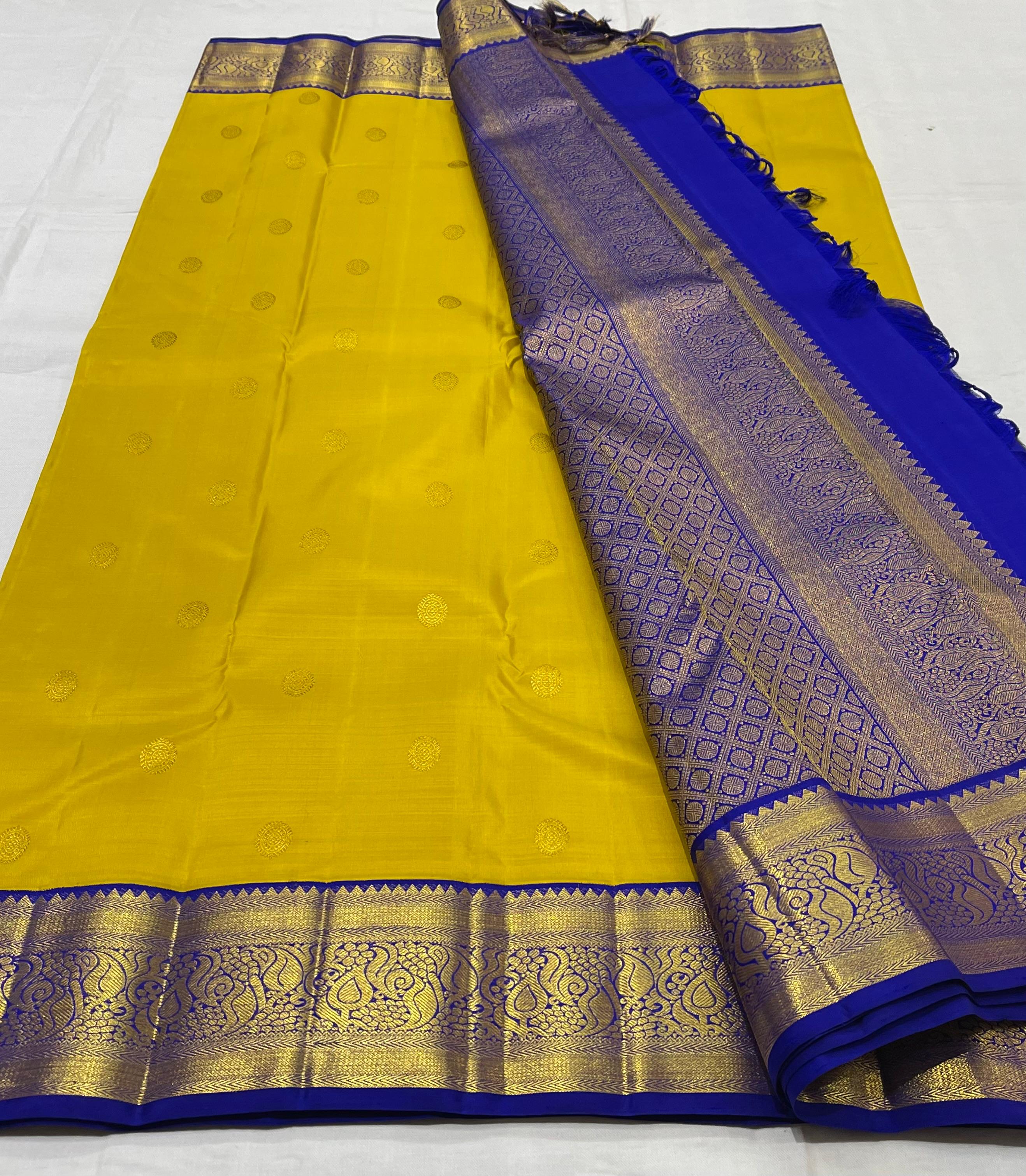 YELLOW/BLUE  BORDER COMBITION PURE KANCHI SILK SAREE