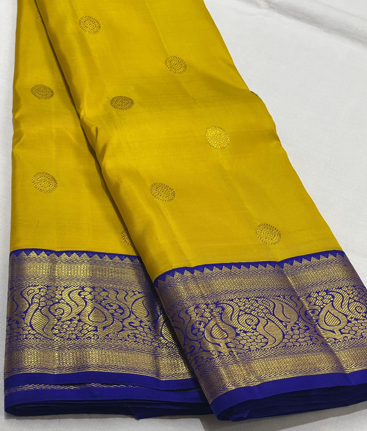 YELLOW/BLUE  BORDER COMBITION PURE KANCHI SILK SAREE