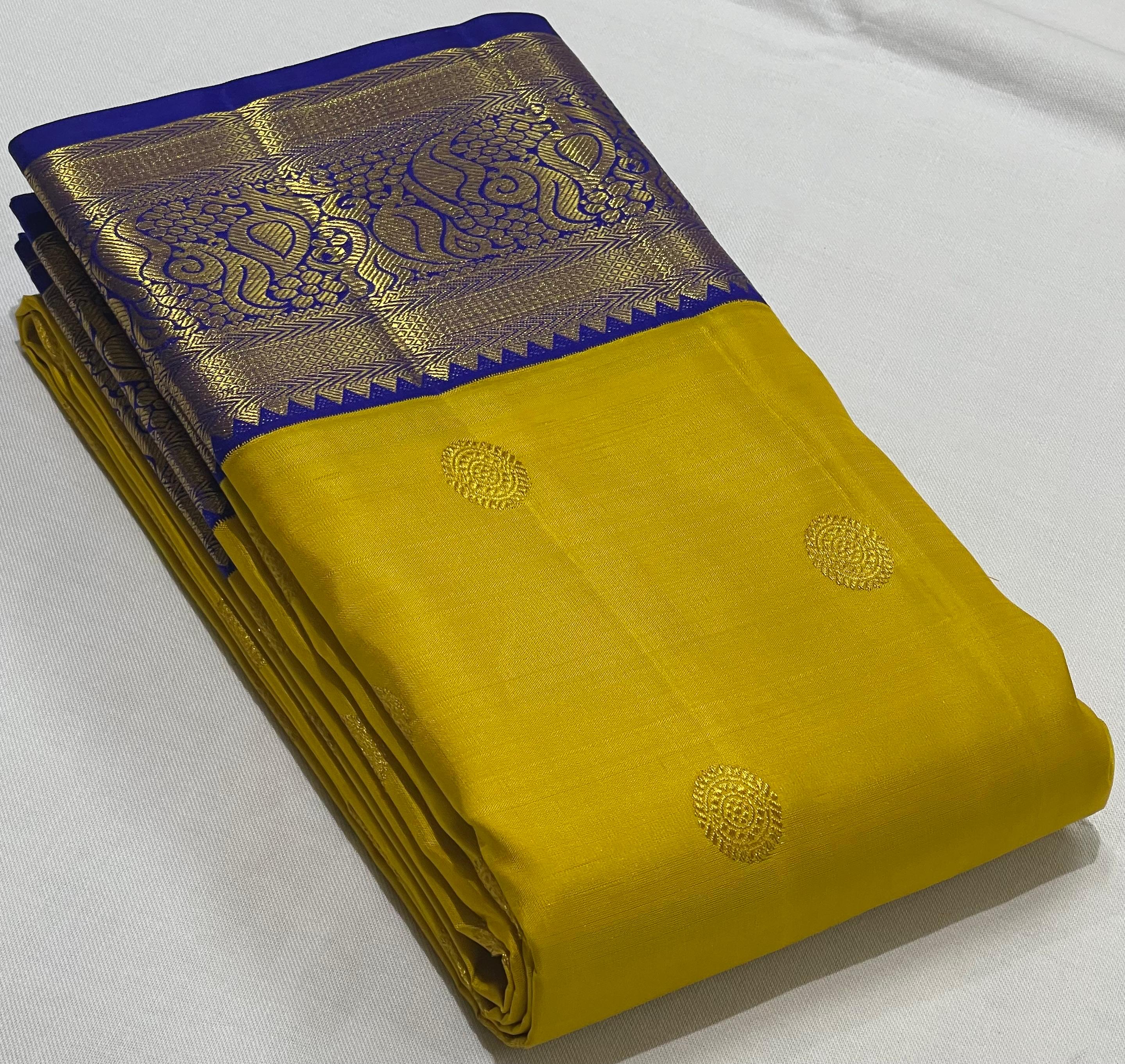 YELLOW/BLUE  BORDER COMBITION PURE KANCHI SILK SAREE