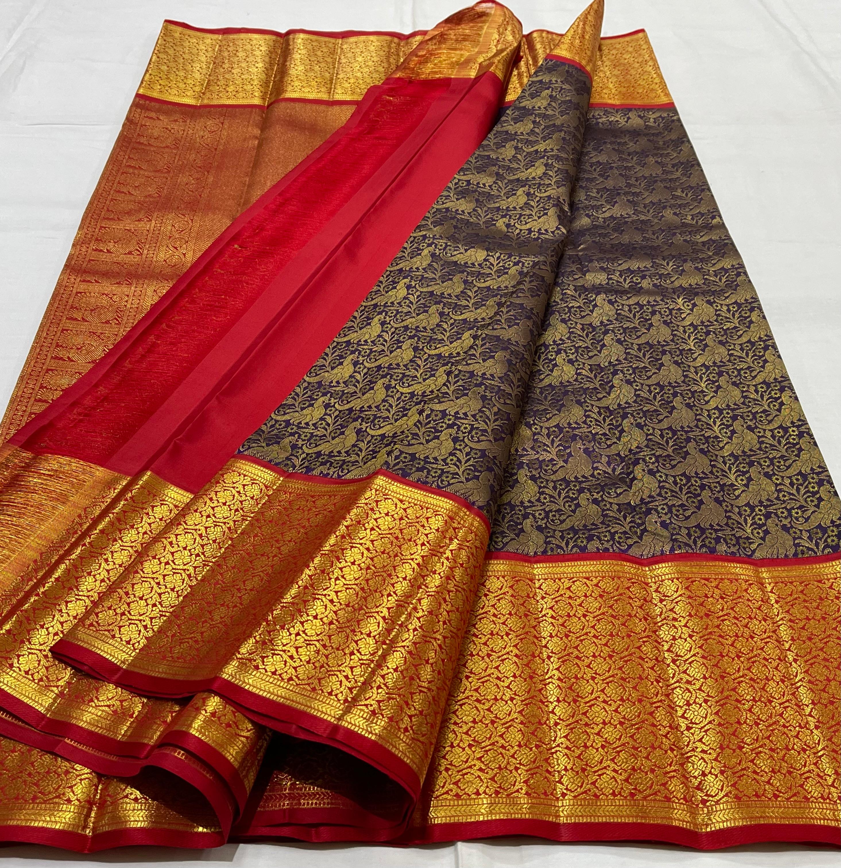 NAVY BLUE/RED BORDER COMBITION PURE KANCHI SILK SAREE