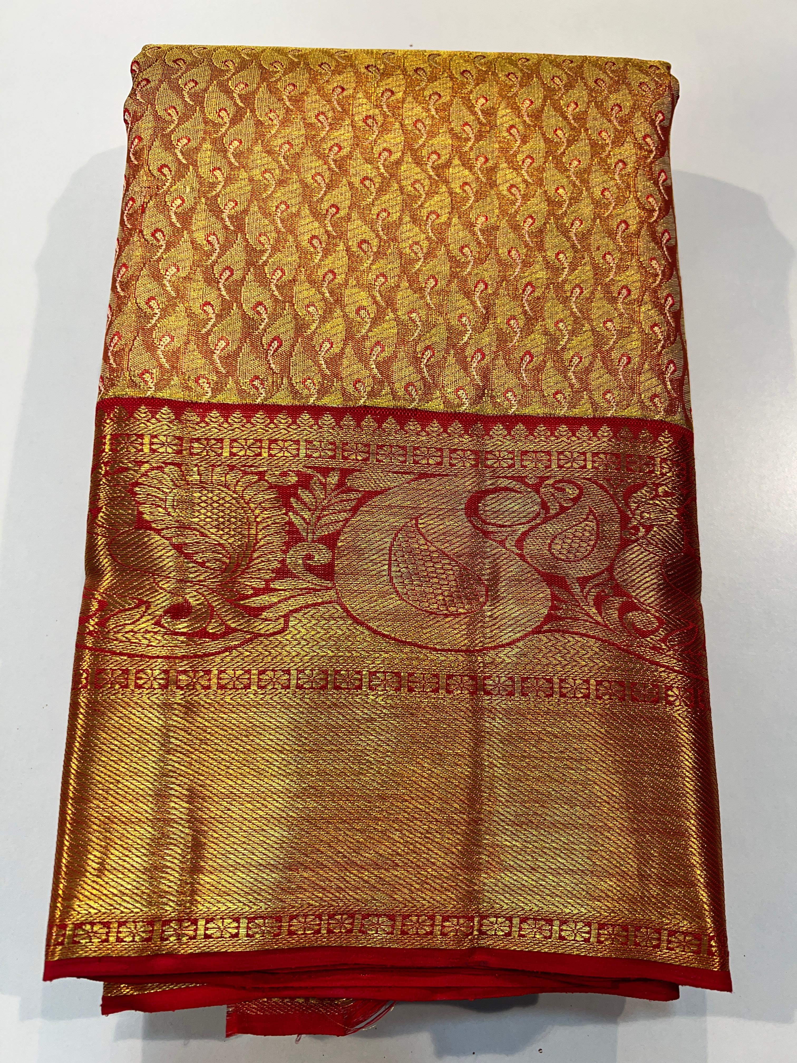 RED/ GOLD COLOUR  ZARI BORDER COMBITION PURE KANCHI SILK SAREE