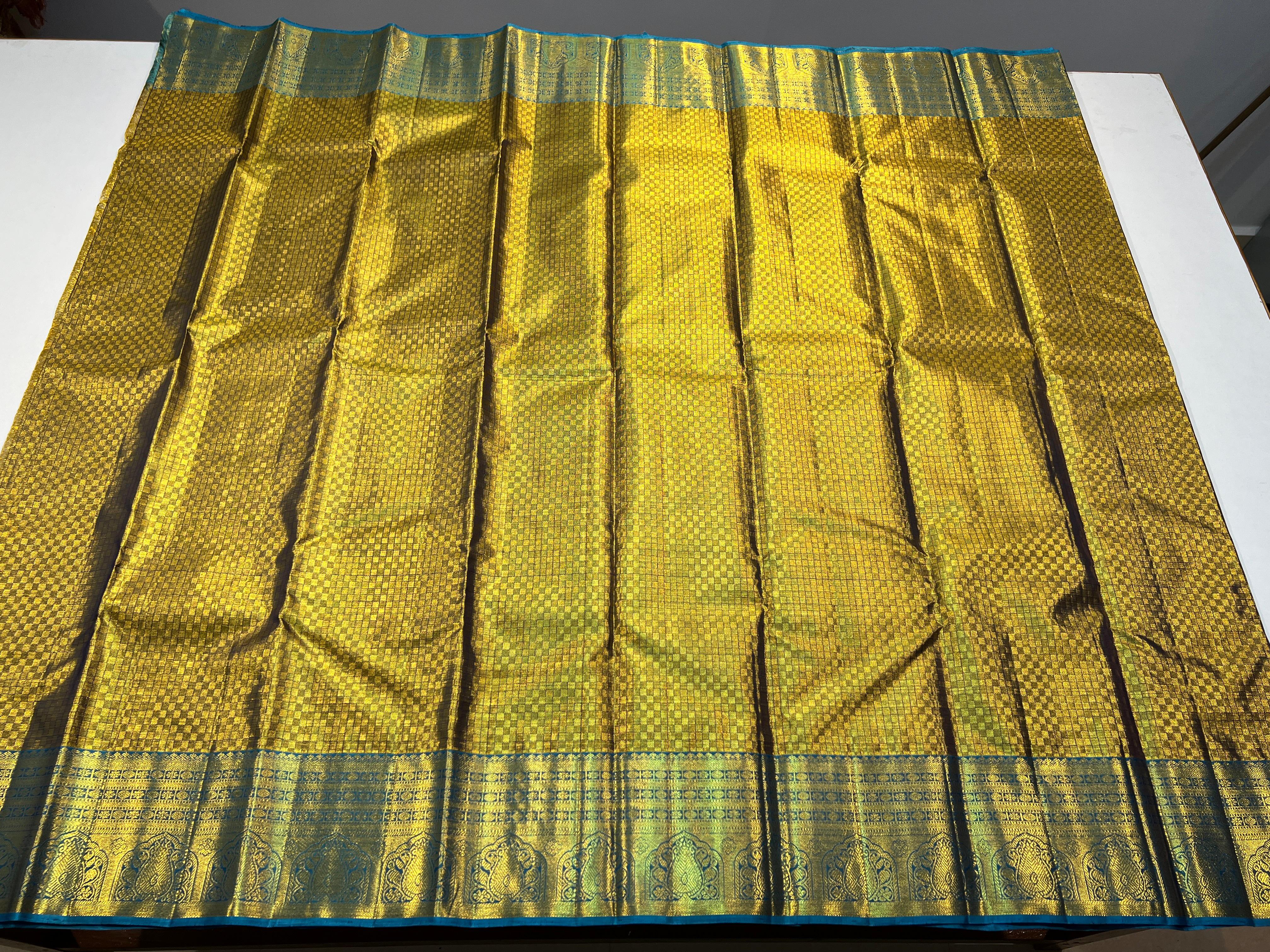 GOLDEN&BULE COLOUR KANCHIPURAM SILK SAREE