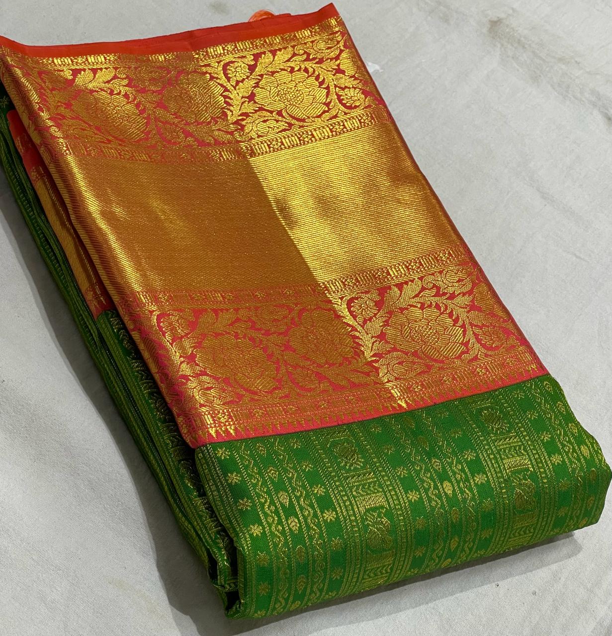 PARROT GREEN/LITE ORANGE COLOUR  ZARI BORDER COMBITION PURE KANCHI SILK SAREE