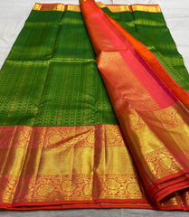 PARROT GREEN/LITE ORANGE COLOUR  ZARI BORDER COMBITION PURE KANCHI SILK SAREE