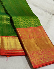 PARROT GREEN/LITE ORANGE COLOUR  ZARI BORDER COMBITION PURE KANCHI SILK SAREE