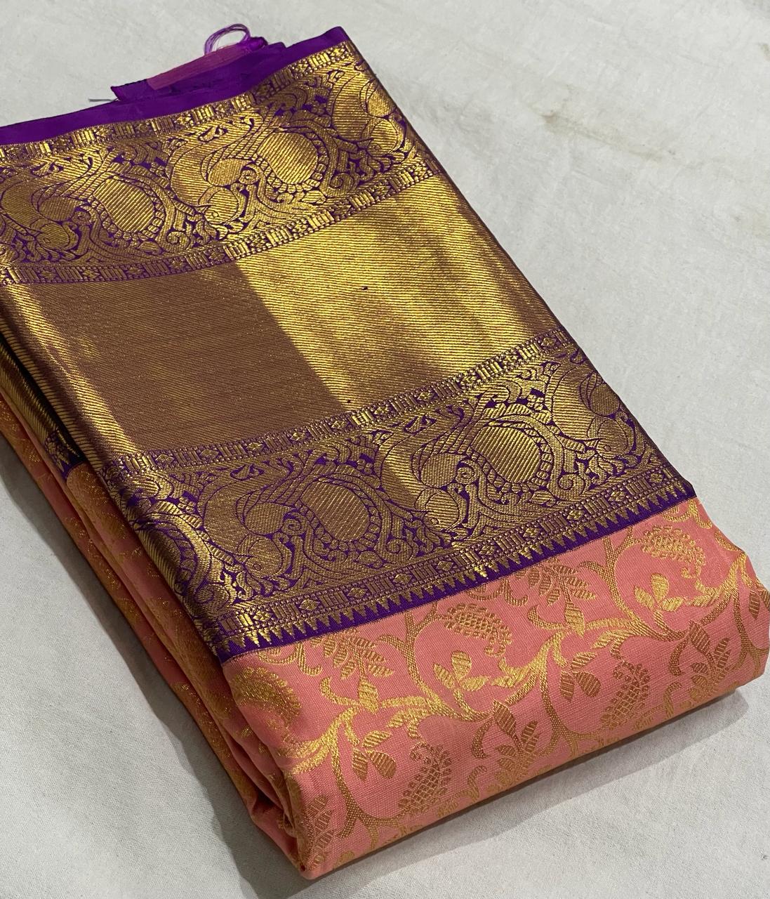 LITE ORANGE/PURPLE COLOUR  ZARI BORDER COMBITION PURE KANCHI SILK SAREE