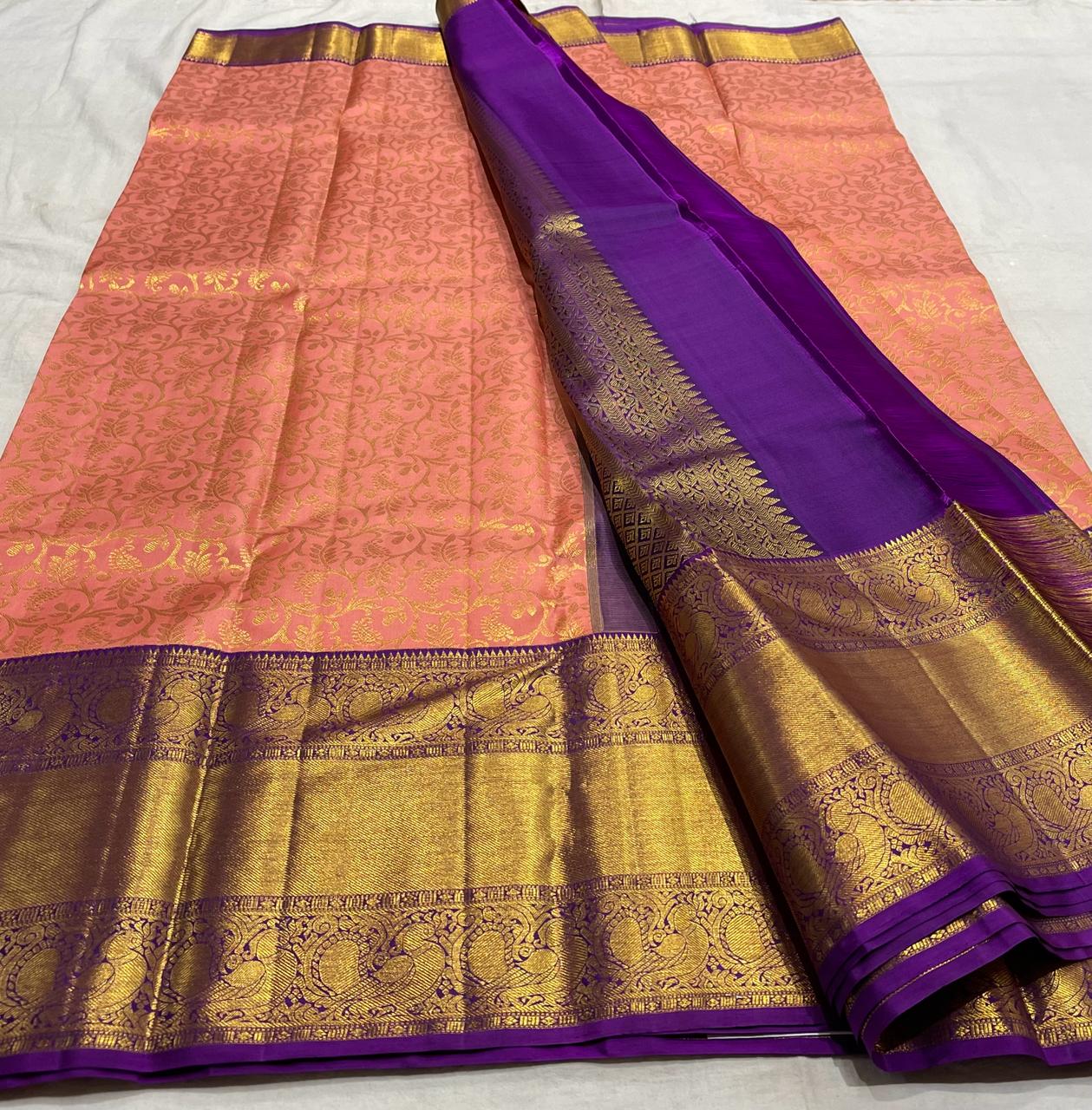 LITE ORANGE/PURPLE COLOUR  ZARI BORDER COMBITION PURE KANCHI SILK SAREE