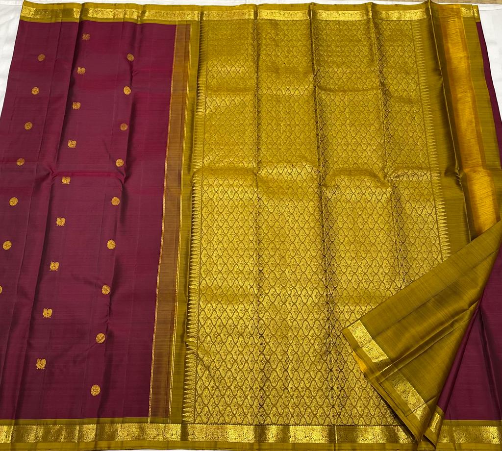 BROWN/MUSTARD YELLOW COLOUR  ZARI BORDER COMBITION PURE KANCHI SILK SAREE