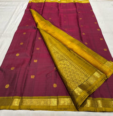 BROWN/MUSTARD YELLOW COLOUR  ZARI BORDER COMBITION PURE KANCHI SILK SAREE