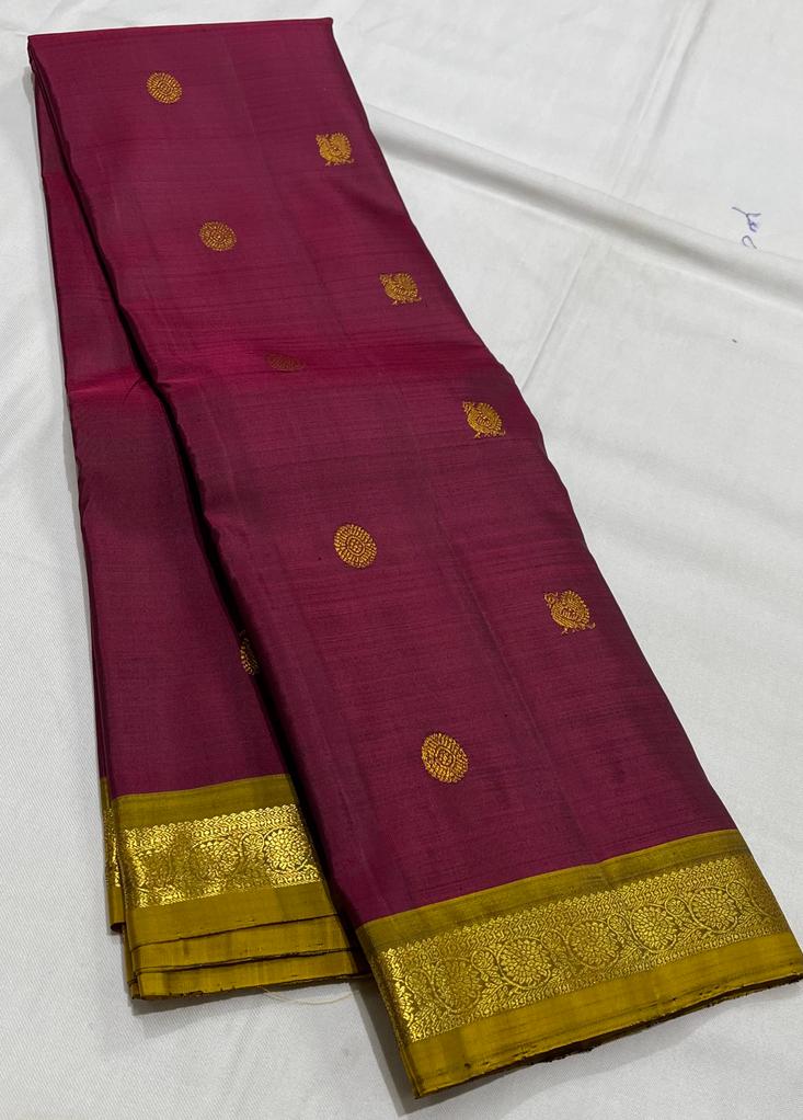 BROWN/MUSTARD YELLOW COLOUR  ZARI BORDER COMBITION PURE KANCHI SILK SAREE