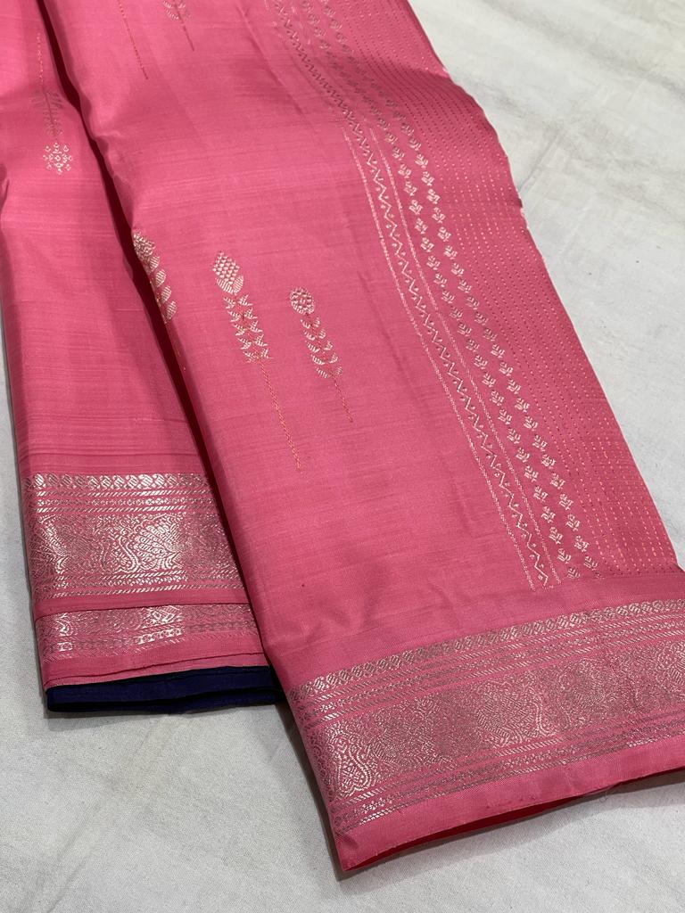 BABY PINK/NAVY BLUE COLOUR  ZARI BORDER COMBITION PURE KANCHI SILK SAREE