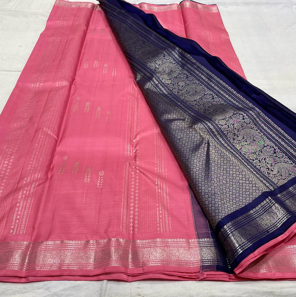 BABY PINK/NAVY BLUE COLOUR  ZARI BORDER COMBITION PURE KANCHI SILK SAREE