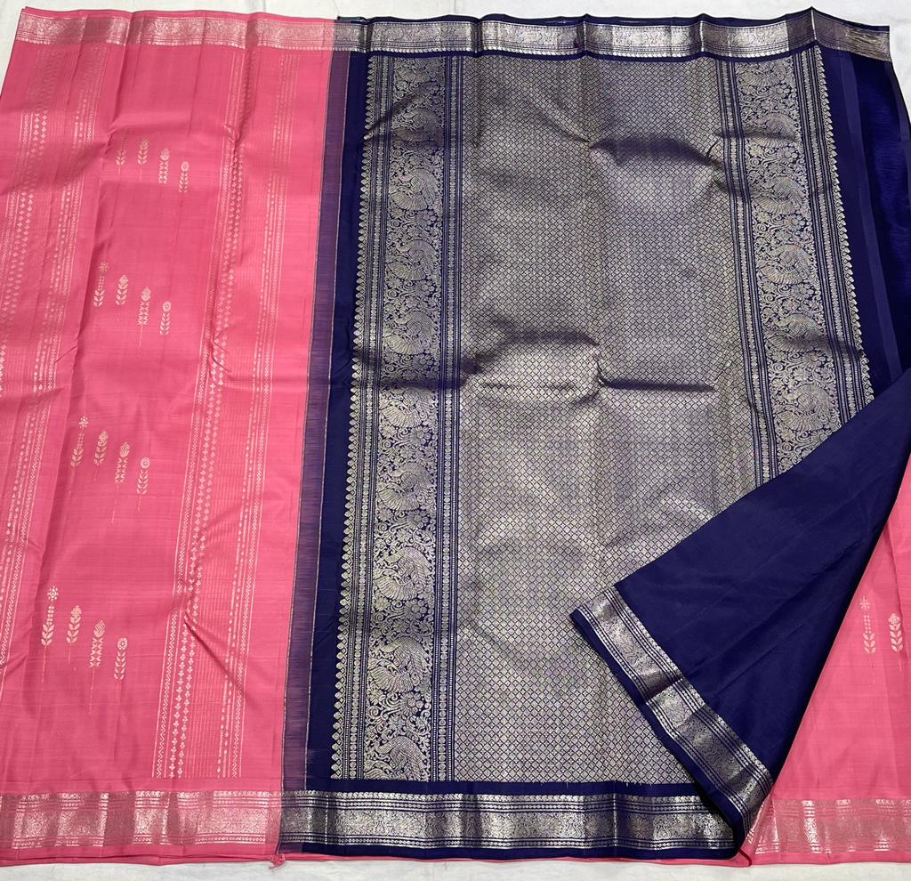 BABY PINK/NAVY BLUE COLOUR  ZARI BORDER COMBITION PURE KANCHI SILK SAREE