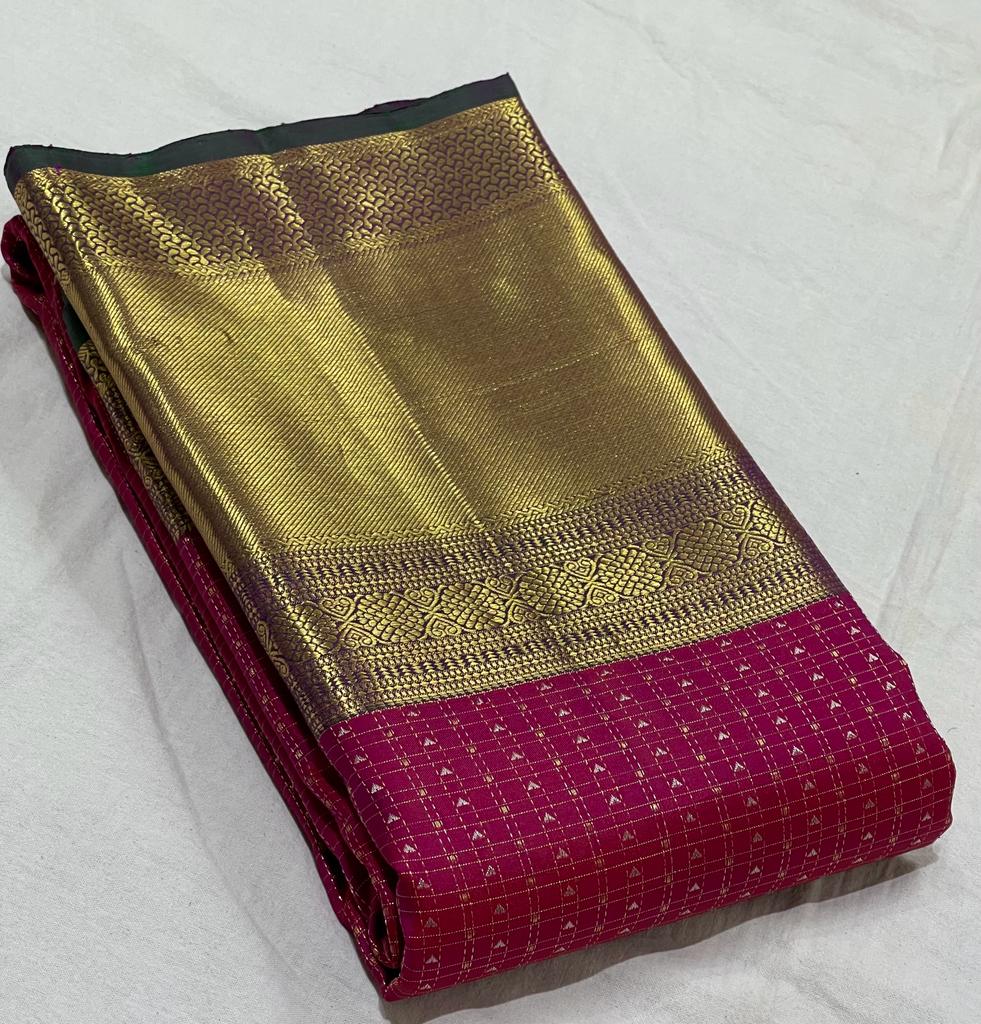 PINK/GREEN  COLOUR  ZARI BORDER COMBITION PURE KANCHI SILK SAREE