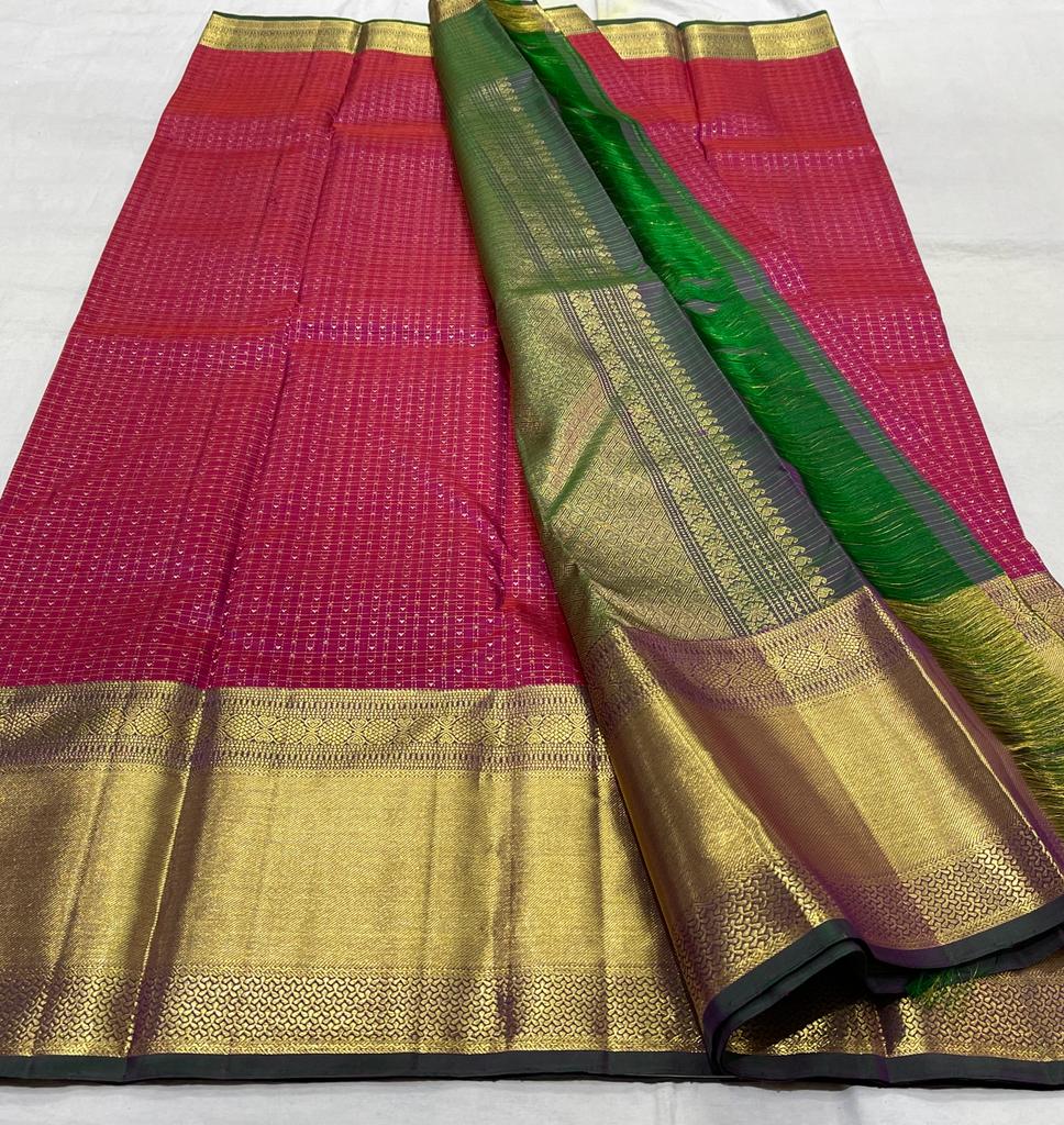 PINK/GREEN  COLOUR  ZARI BORDER COMBITION PURE KANCHI SILK SAREE