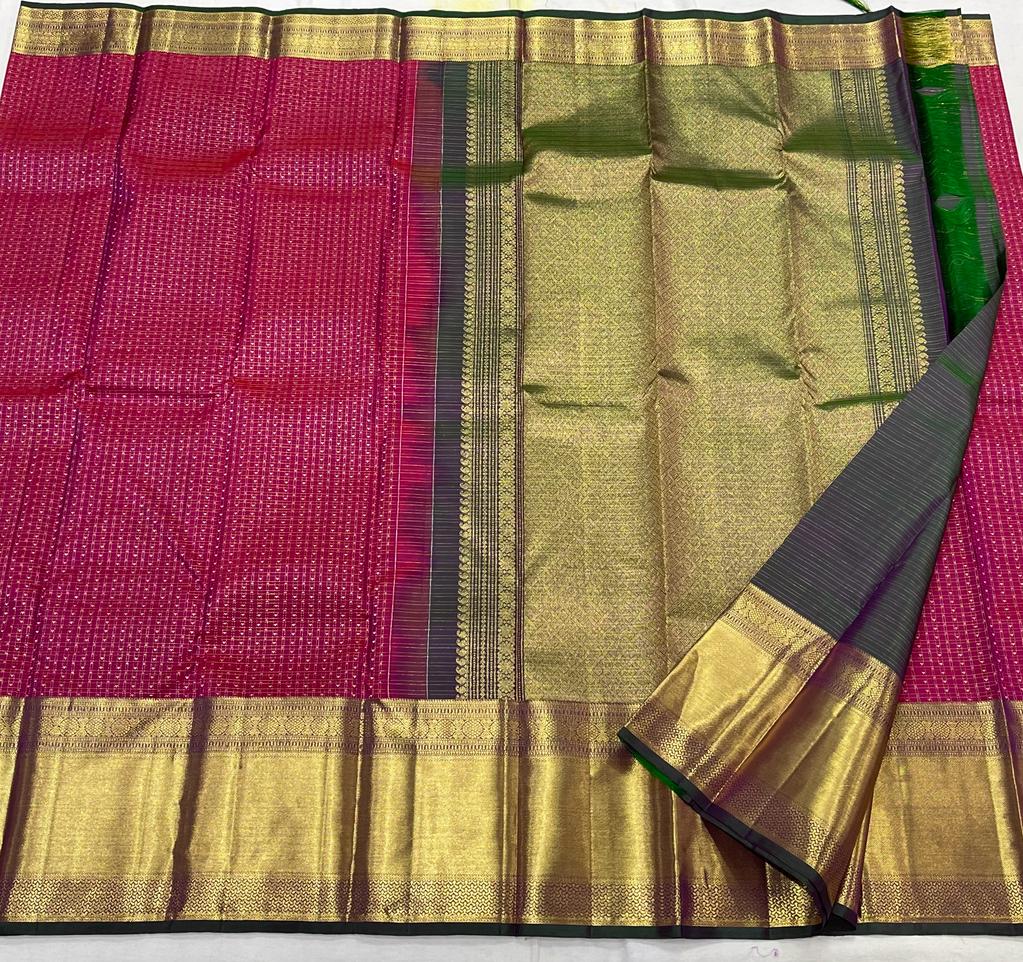 PINK/GREEN  COLOUR  ZARI BORDER COMBITION PURE KANCHI SILK SAREE