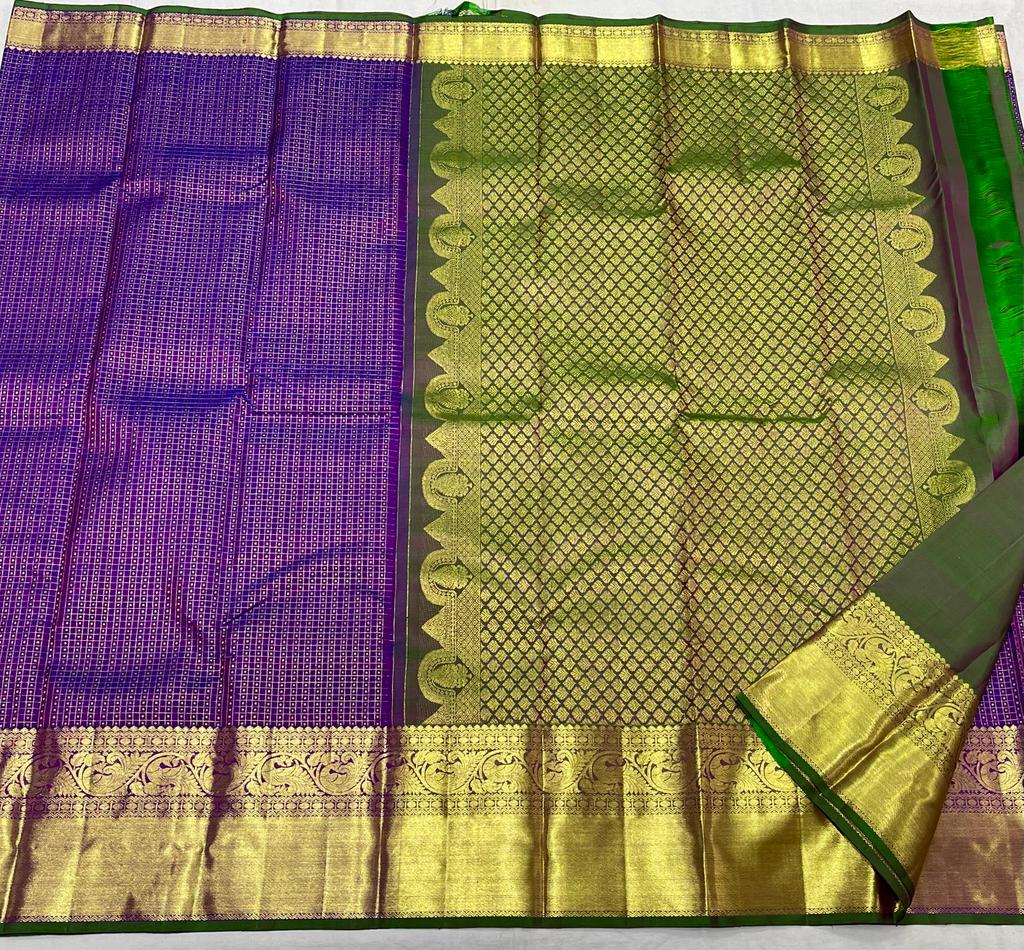 VOILET/GREEN  COLOUR  ZARI BORDER COMBITION PURE KANCHI SILK SAREE