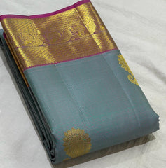 GREY/PINK COLOUR  ZARI BORDER COMBITION PURE KANCHI SILK SAREE