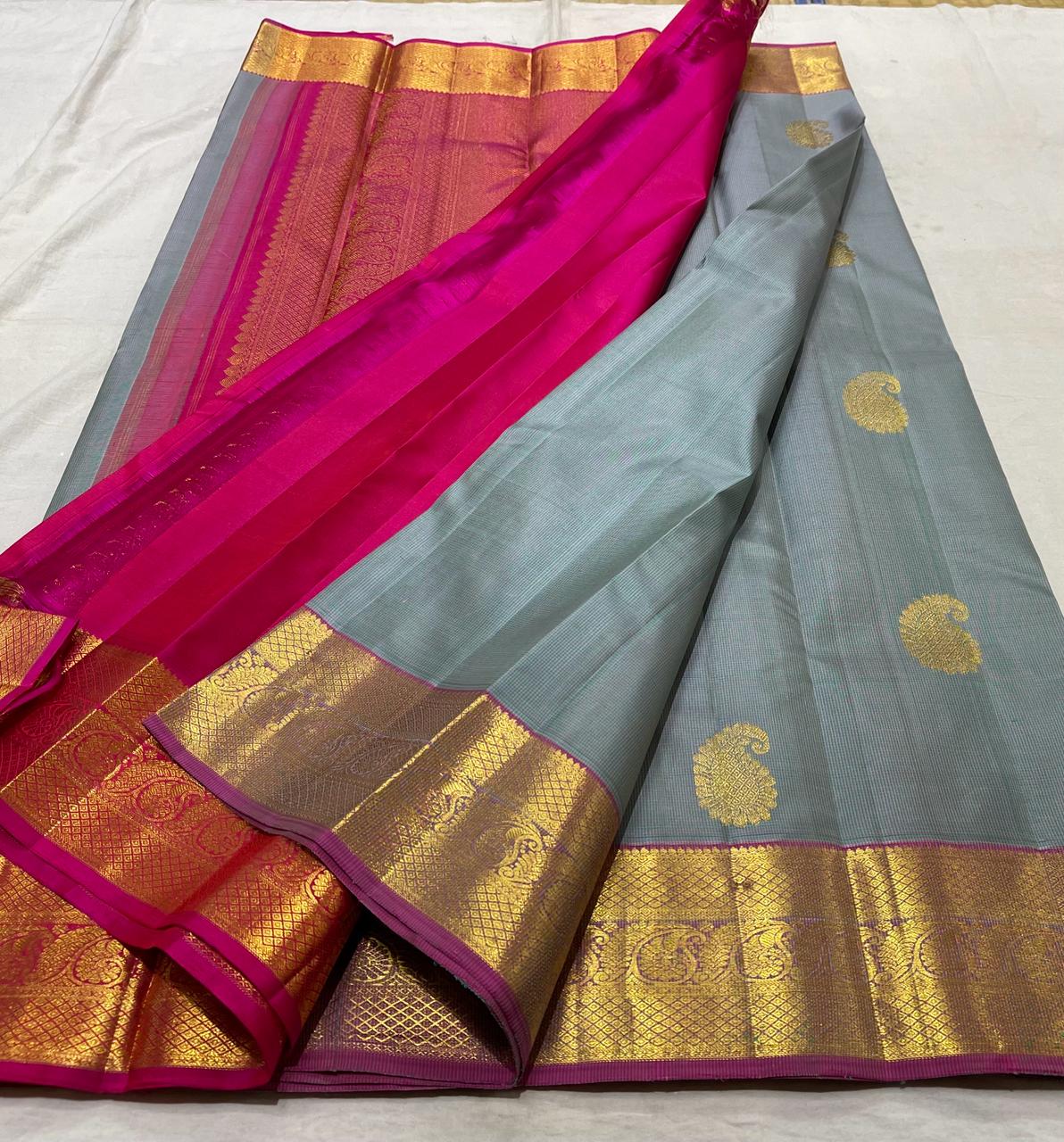 GREY/PINK COLOUR  ZARI BORDER COMBITION PURE KANCHI SILK SAREE