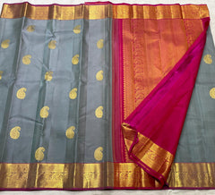 GREY/PINK COLOUR  ZARI BORDER COMBITION PURE KANCHI SILK SAREE